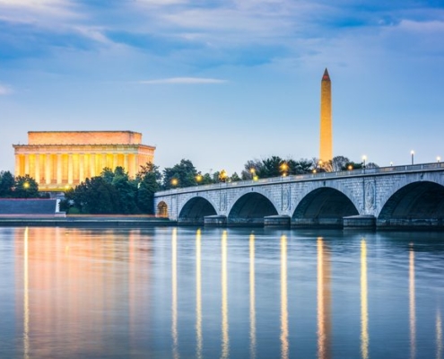 View of Key Bridge, Lincoln Memorial and Washington Monument in Washington D.C.
