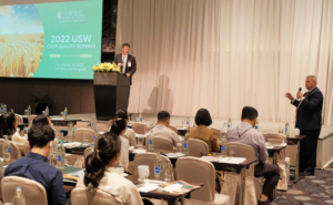 USW Secretary Treasurer Clark Hamilton (at podium) and Dave Green, Executive Vice President, Wheat Quality Council, present at the USW 2022 Crop Quality Seminar in Bangkok, Thailand.