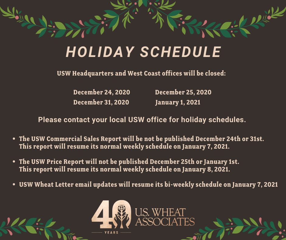 USW Headquarters and West Coast Offices will be closed on Dec. 24 and 25 and on Dec. 31 and Jan. 1. The USW Commercial Sales Report will be not be published December 24th or 31st. This report will resume its normal weekly schedule on January 7, 2021. The USW Price Report will not be published December 25th or January 1st. This report will resume its normal weekly schedule on January 8, 2021. USW Wheat Letter email updates will resume its bi-weekly schedule on January 7, 2021.