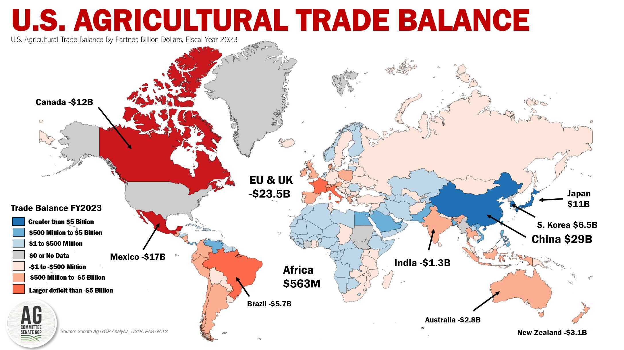 FAS graphic map of the U.S. Agricultural Trade Balance.