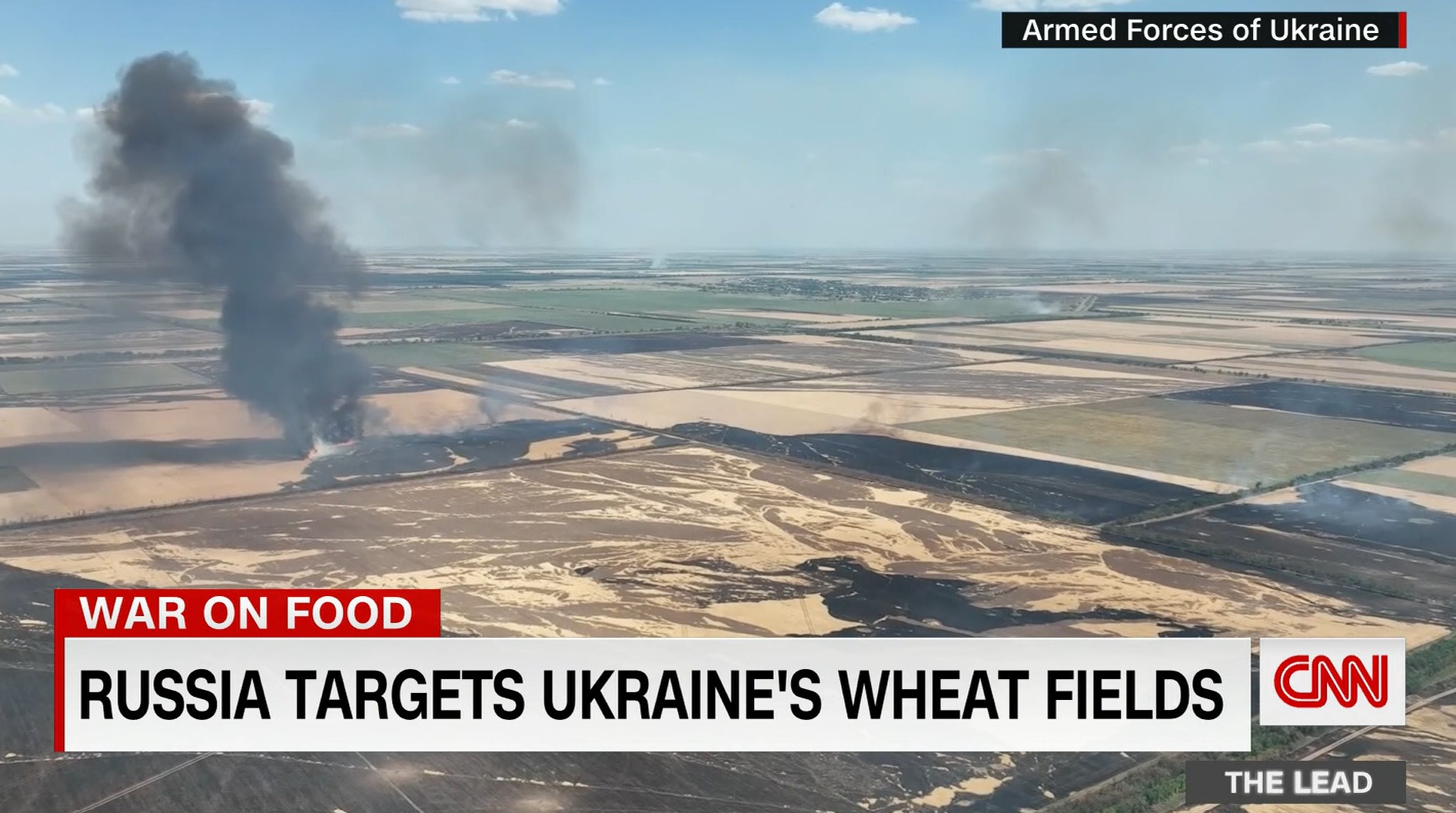 CNN image of burning Ukraine wheat fields from Russian military shelling impacting wheat farmers