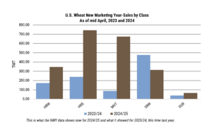 This bar chart shows new marketing year U.S. wheat sales to the top 10 countries by volume in 2023 and 2024 as of mid-April.