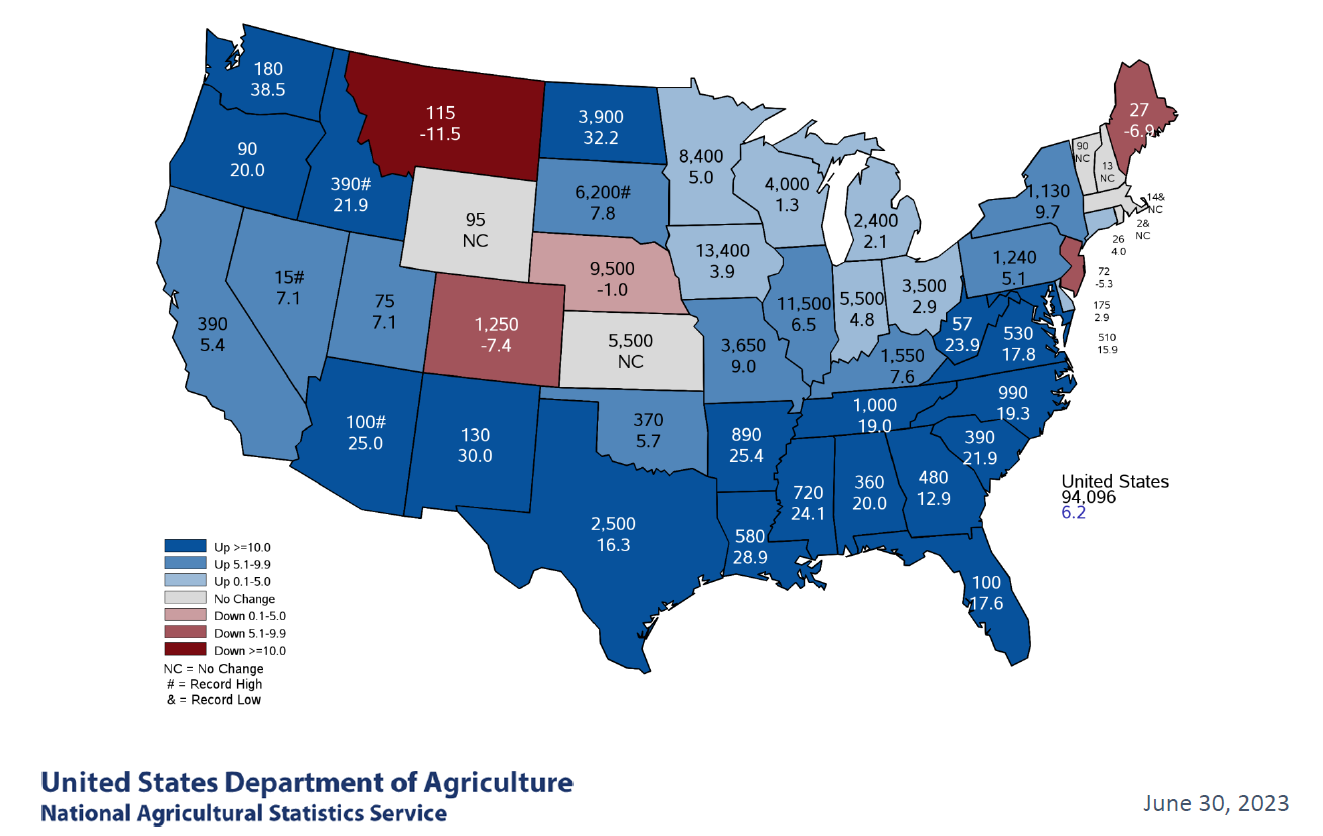 Map of the United States from USDA NASS shows the expected acres planted to corn in 2023 and the percentage change from 2022.