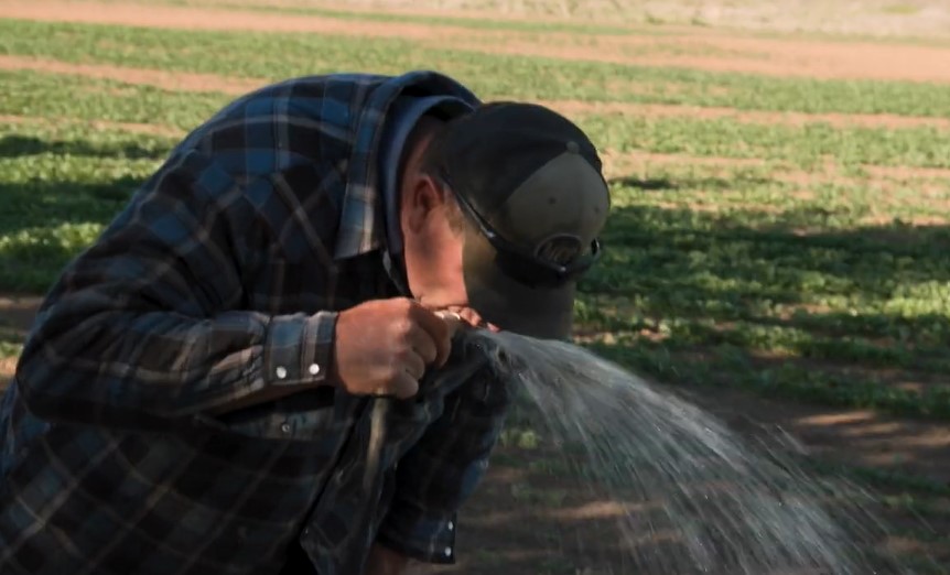 Image shows Darren Padget bending down to drink from a garden hose on his farm