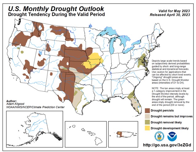 Map of NOAA's prediction of long-term drought showing how U.S. soft white wheat is outside of the drought area.
