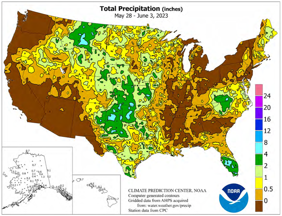 Map of precipitation in the United States the last week of May 2023 shows that wheat production regions including the Northern Plains have received sufficient rain to support planting progress and growth of the spring wheat crop.