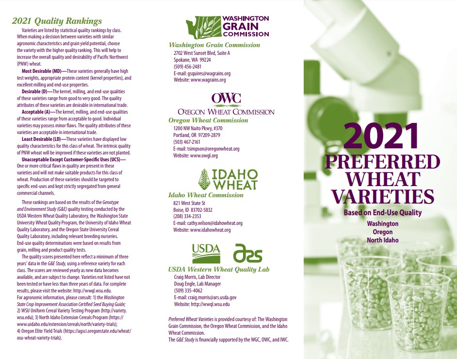 Image shows the front and back of the 2021 Preferred Variety List for PNW wheat