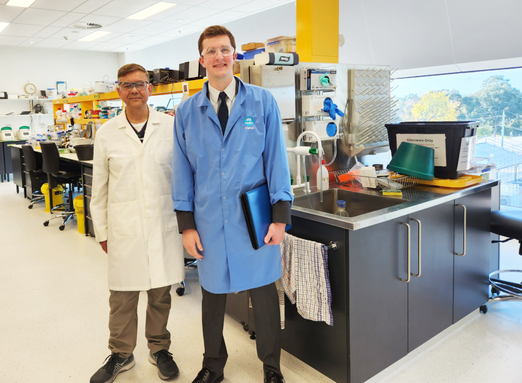 While in Australia, USW Director of Trade Policy Peter Laudeman (right) pauses for a photo with Dr. Rohit Mago, Team Leader of the Plant Pathogen Interactions group at CSIRO. Among other things, Mago's team works on host resistance involving identification of new sources for rust resistance both for race-specific and adult plant resistance in wheat.