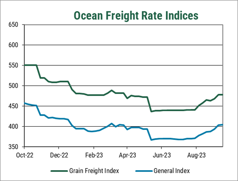 This chart tracking ocean freight rates the past year show rate rising after a long period of decline.