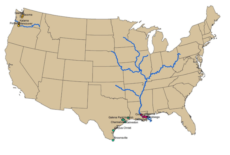 Map of the U.S. shows the Mississippi River system, and the Columbia Snake River System to show where barging is important for U.S. wheat export logistics.