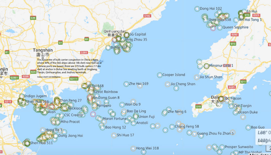 Map showing massive vessel congestion around Chinese ports in 2021 that affected freight rates.