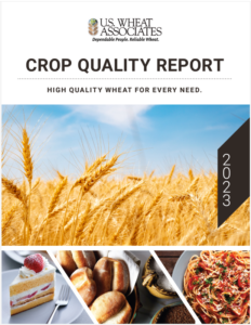 Cover of the 2023 USW Crop Quality Report including photos of a wheat field, pasta, sponge cake, and bread.