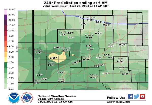 National Weather Service map of southwest Kansas showing accumulated rainfall on April 26, 2023