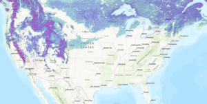 Map of the United States from the USDA Forest Service shows significant snow cover in late March 2023 in the northern plains.