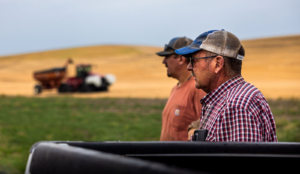 Photo shows two men, farmers, standing next to each other and looking to the left side of the photo; in the background there is a tractor pulling a wagon through a golden wheat field.