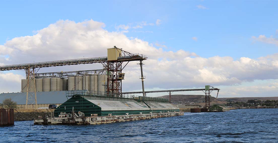 Barge loading wheat to move through Lower Snake River Dams and down the Columbia River to export elevators.