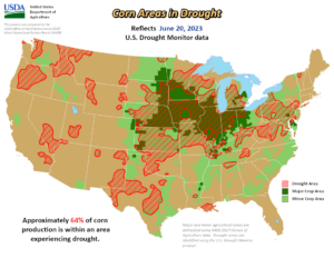 This illustration shows a U.S. map with corn production and drought indicating 65% of corn production area is in drought as of June 20, 2023.