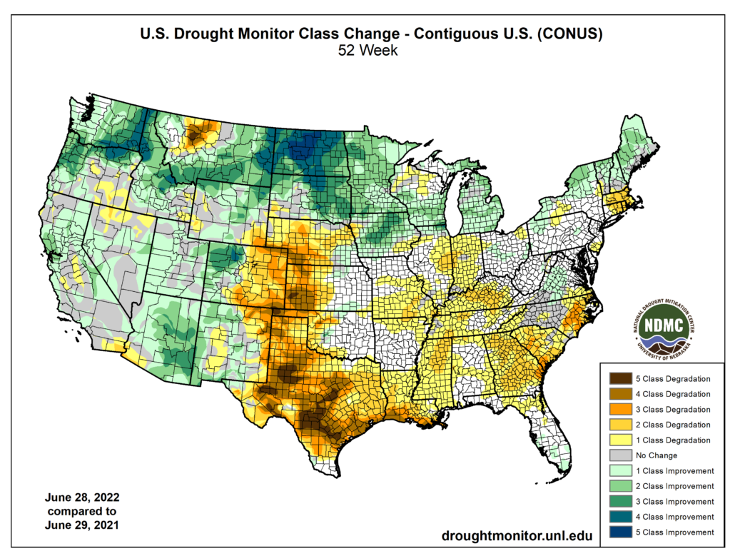 U.S. Drought Monitor map from June 2022 showing changes in drought status from June 2021 to June 2022
