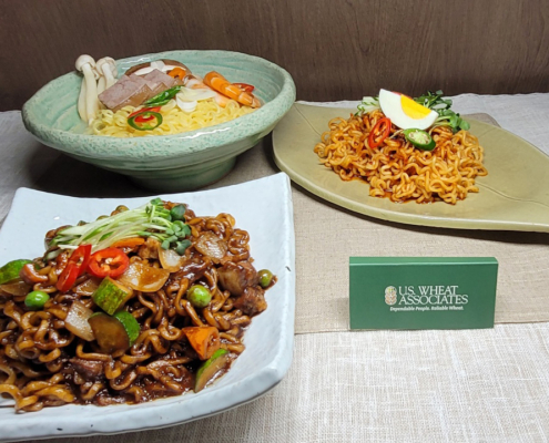 Photo of three Korean noodle dishes.